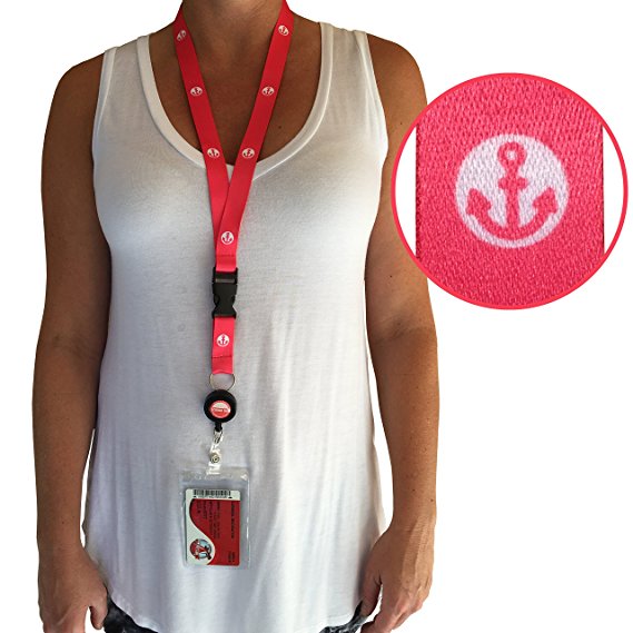 Cruise Lanyard & Key Card Holder [2-Pack] Retractable Reel & Detachable Waterproof ID Holder (Pink Anchor Design)