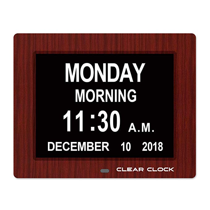 Clear Clock [Newest Version] Extra Large Digital Memory Loss Calendar Day Clock with Optional Day Cycle   Alarm Perfect for Seniors   Impaired Vision Dementia Clock (Mahogany)