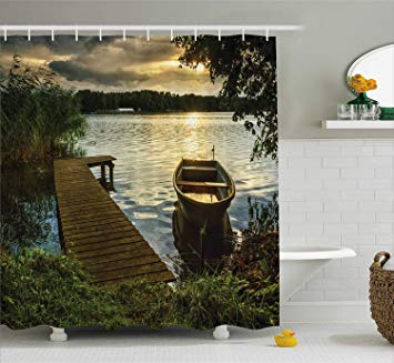 Ambesonne Wooden Bridge Decor Collection, Boat at Lake Shore Wooden Pier Sunset Sunbeams and Romantic Evening View, Polyester Fabric Bathroom Shower Curtain Set with Hooks, 75 Inches Long, Olive