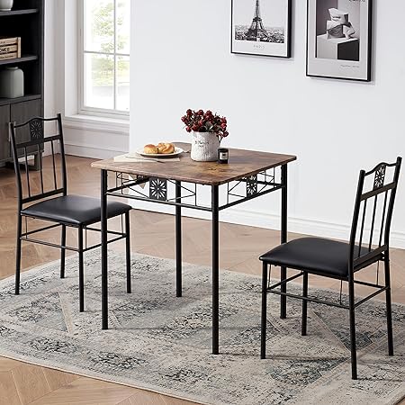 VECELO Small Dining Table Set for 2, 3 Piece Kitchen Bar Dinette Square, with PU Padded Chairs, Retro-Brown