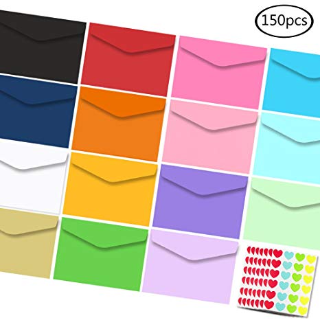 JPSOR Small Colored Self-Adhesive Envelope - 150pcs 3.2"x4.5" Gift Card Envelope in 15 Colors with 168 Heart Stickers