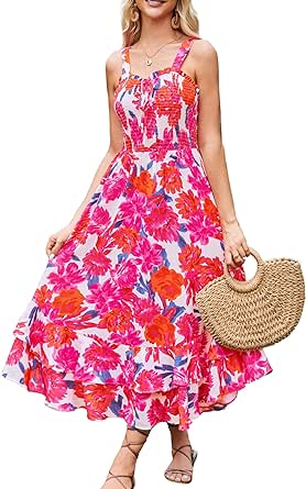 GRACE KARIN Women's 2024 Summer Floral Boho Dress Square Neck Strapped Swing A Line Beach Long Maxi Dress