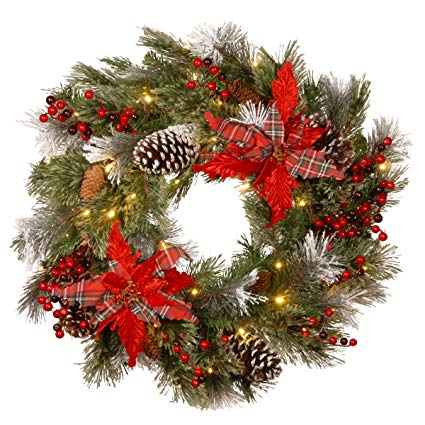 National Tree 24 Inch Decorative Collection Tartan Plaid Wreath with Cones, Red Berries, Poinsettias and 50 Battery Operated Soft White LED Lights with Timer (DC13-147-24WB-1)