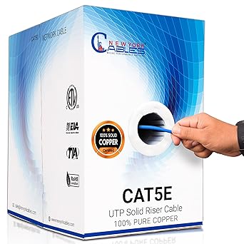 NewYork Cables Cat5e Ethernet Cable 1000ft - ETL Listed Cat5e Riser (CMR) Solid Bare Copper - 24AWG, 350MHz, PoE   (4PPoE), UTP Cat 5 Ethernet Cable - High Speed Easy Pull Box Cat5e Cable 1000ft