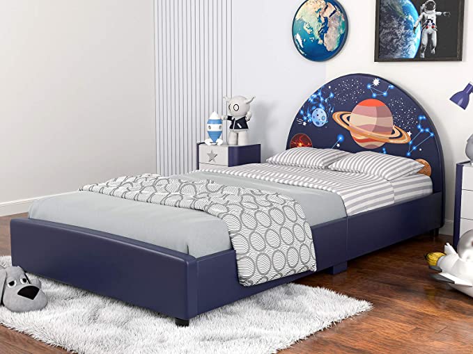 mecor Children Toddler Bed - Twin Size Faux Leather Upholstered Platform Bed Frame with Curved Headboard / Starry Sky Kids Bed for Boys & Girls, Teens（Starry Sky Design）