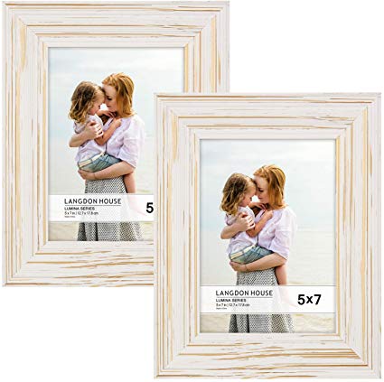 Langdon House 5x7 Real Wood Picture Frames (2 Pack, Weathered White - Gold Accents), White Wooden Photo Frame 5 x 7, Wall Mount or Table Top, Set of 2 Lumina Collection