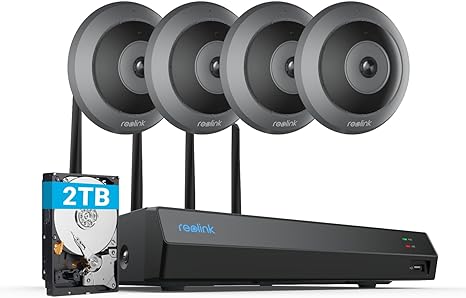 REOLINK 6MP 12CH Wireless Security Camera System, 4pcs FE-W 2K WiFi Fisheye Camera Indoor with 360° Panorama, 2.4/5GHz WiFi, Smart Detection, Bundle 1x Reolink 4K WiFi NVR RLN12W with Built-in 2TB HDD