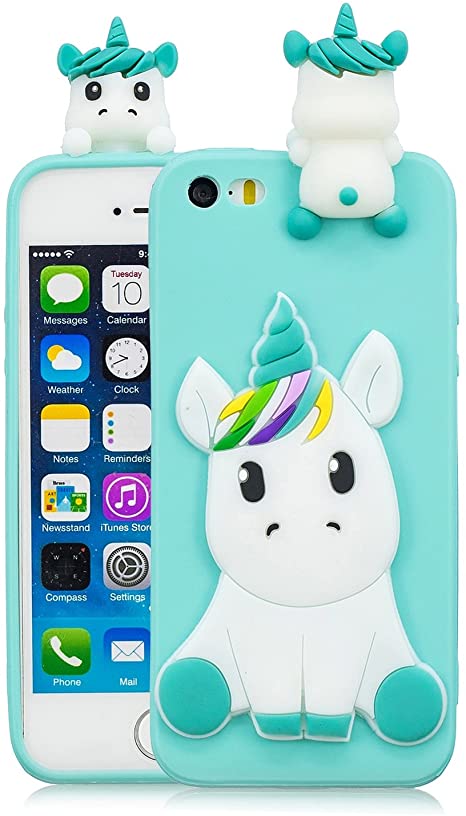 DAMONDY iPhone 5 Case, iPhone SE Case, iPhone SE Cute case, 3D Cute Unicorn Cartoon Soft Gel Silicone Design Rubber Skin Thin Protective Cover Phone Case for iPhone 5/5S/SE-Light Blue