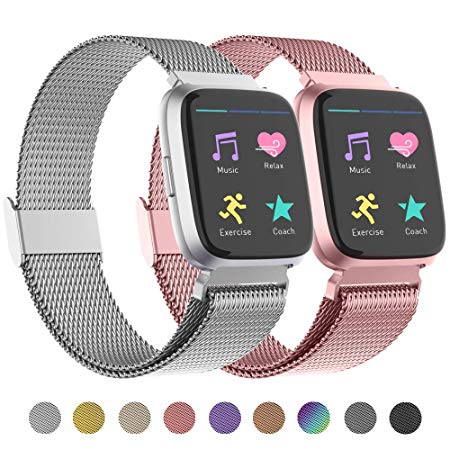 POY Compatible for Fitbit Versa Bands, Replacement for Stainless Steel Mesh Fitbit Versa Lite Bands Metal Strap with Strong Magnet Lock Wristbands for Women Men 2 Packs