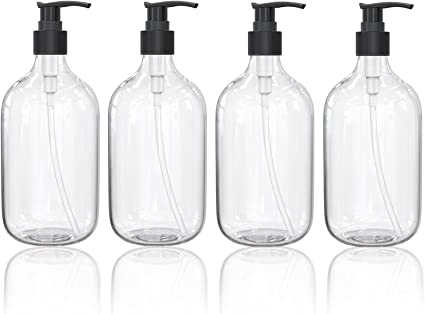 4 Pack 17 Ounce Round Pump Bottle Dispenser 500 ml Refillable Clear Plastic Lotion Dispenser Empty Lotion Pump Bottle Liquid Container for Essential Oil Soap Lotion Shampoo