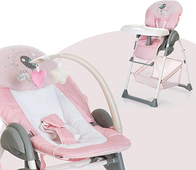 Hauck Sit'n Relax, 3-in-1 Highchair from Birth, with New-Born Attachment, Height-Adjustable Grow-Along Chair with Play Arch, Tray, Wheels, Foldable Baby Chair, Birde (Pink)