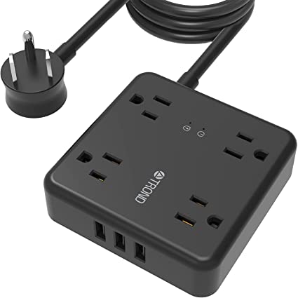 Power Strip Surge Protector Flat Plug, TROND 10ft Long Extension Cord with 3 USB Charging Ports & 4 Widely-Spaced Outlets, Wall Mount, 1440J Protection, Small Size for Home Office Dorm Room, Black