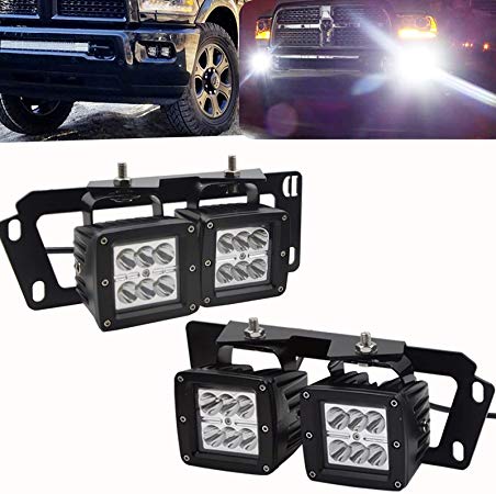 4x 3Inch 18W Dually LED Fog Light Pods Work Light Cube w/Hidden Bumper Mounting Bracket Fit for Dodge 2010-2019 Ram 2500 3500 & 2009-2012 Ram 1500