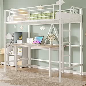 VECELO Metal Loft Bed Twin Size, Heavy Duty Bedframe with Removable Ladder and Safety Guardrail, Space-Saving, Noise Free, No Box Spring Needed, Off White