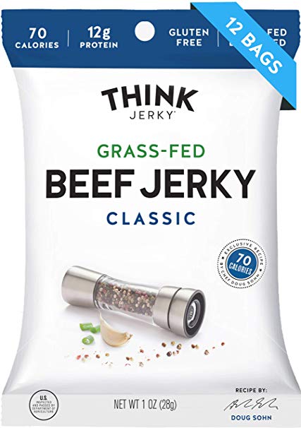 Think Jerky - Classic Flavor, Beef Jerky, 100% Grass-Fed, Healthy Low-Calorie Snack, Low Carb Snack, Gluten-Free, 1 Ounce (12 Count)
