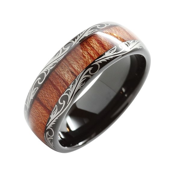 8mm Tungsten Carbide Ring Koa Wood Inlay Dome Edge Comfort Fit Wedding Band Size 6-16