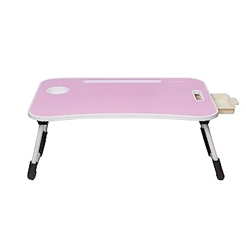 Amazon Basics Foldable Laptop Table with Cup Holder, Tablet Groove and Mini Drawer (Pink)