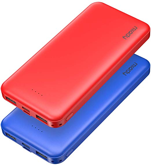 2-Pack Miady 10000mAh Dual USB Portable Charger, Fast Charging Power Bank with USB C Input, Backup Charger for iPhone X, Galaxy S9, Pixel 3 and etc (Red & Blue)