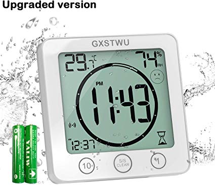 GXSTWU Digital Bathroom Clock Shower Timer with Alarm, Waterproof Clocks for Bathroom Kitchen Timer Clocks Thermometer Hygrometer Wall Clock with Suction Cup Hanging Hole Stand Magnet (1pack)