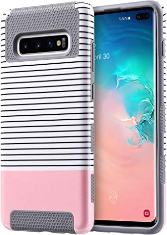 ULAK Galaxy S10  Plus case 6.4 inch, Stylish Slim Fit Hybrid Dual Layer Protective Flexible Shock Absorbing TPU Bumper Phone Cover for Samsung Galaxy S10 Plus (2019), Rose Gold Minimal Stripes