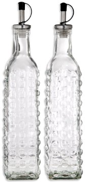 Palais Glassware Oil & Vinegar 17 Oz Clear Glass Dispenser Cruet Bottle, with Silver and Black Spout - Set of 2 - (Hobnail Finish Square Shaped)