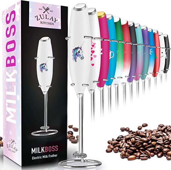 Zulay Original Milk Frother Handheld Foam Maker for Lattes - Whisk Drink Mixer for Coffee, Mini Foamer for Cappuccino, Frappe, Matcha, Hot Chocolate by Milk Boss (Unicorn-White)