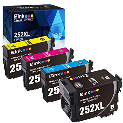 E-Z Ink (TM) Remanufactured Ink Cartridge Replacement for Epson 252XL 252 XL T252 T252XL120 to use with Workforce WF-7110 WF-7710 WF-7720 WF-3640 WF-3620 (1 Black, 1 Cyan, 1 Magenta, 1 Yellow) 4 Pack