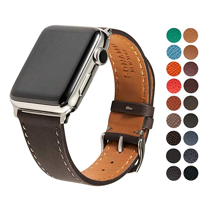 Compatible Apple Watch Band, Premium French Barenia Leather Strap with Stainless Steel Buckle for All 42mm Apple Watch Models by SONAMU New York, Gray