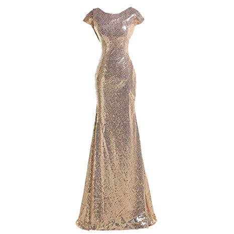 Honey Qiao Sparkly Rose Gold Modest Sequin Bridesmaid Dresses Cowl Mermaid Formal Gowns