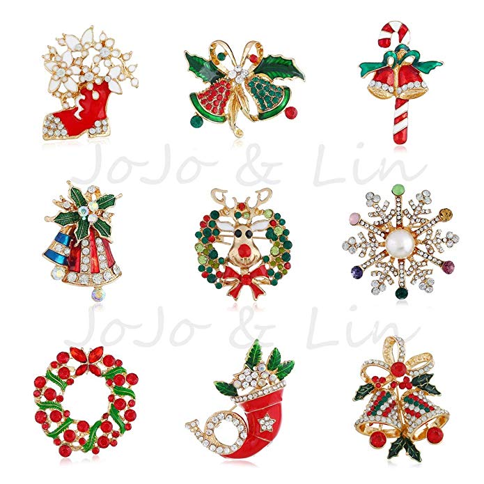 JoJo & Lin Christmas Brooch Pin Set for Family - Pack of 9pcs Cute Crystal Christmas Brooch Pin for Festival Gift Party Decoration Ornaments Gifts Christmas Pins Decoration