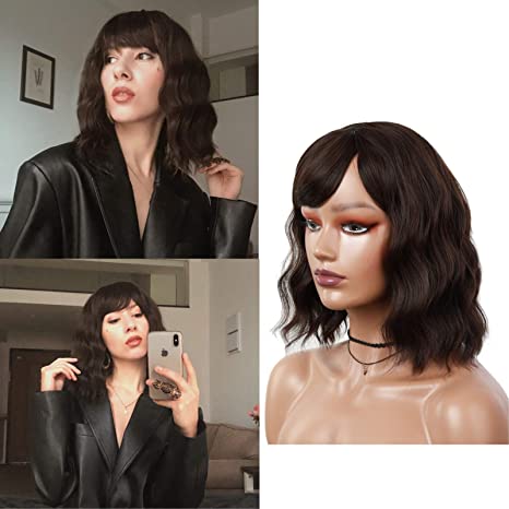 Short Dark Brown Wavy Wigs with Bangs Shoulder Length Bob Synthetic Wig for Women Natural Looking Heat Resistant Fiber Hair 12" for Girl Colorful Cosplay Wigs(12-brown)