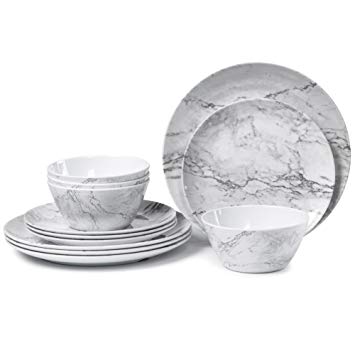 Melamine Dinnerware Set for 4-12 Piece Dinner Dishes Set for Camping Use, Lightweight Unbreakable and Dishwasher Safe, Marble Pattern