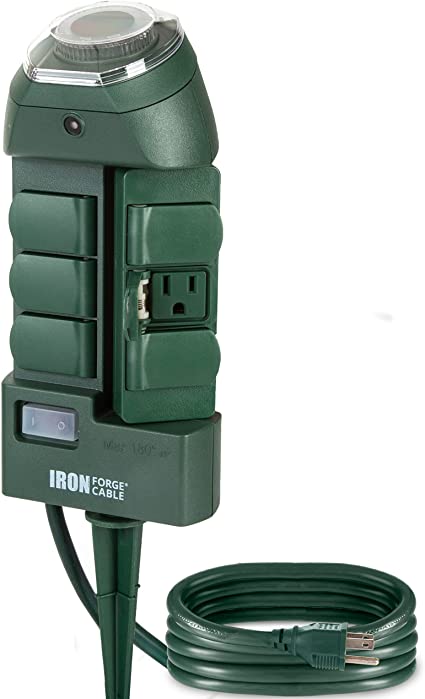 Outdoor Power Stake Timer, 6 Outlets and 6 Foot Extension Cord - 16/3 SJTW Power Stake for Yard & Garden