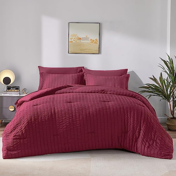 CozyLux Full Seersucker Comforter Set with Sheets Burgundy Bed in a Bag 7-Pieces All Season Bedding Sets with Comforter, Pillow Sham, Flat Sheet, Fitted Sheet, Pillowcase, Red, Full