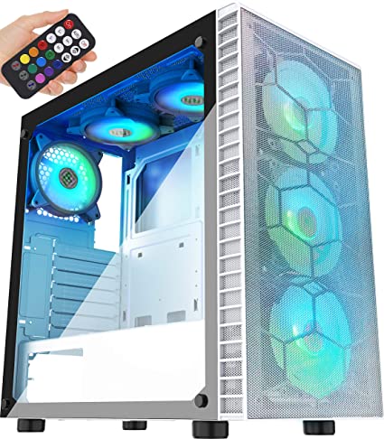 MUSETEX Mesh ATX Mid-Tower Computer Gaming Case with 6 PCS × 120mm LED ARGB Fans USB 3.0 Port Mesh Front Panel & Tempered Glass PC Chassis(G05MN6-BW)