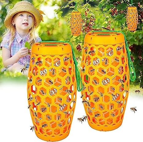 Wasp Traps Outdoor Hanging, Wasp Repellent for Indoor/Outdoor, Carpenter Bee Trap for Outside, Insect Trap, Yellow Jacket Trap, Bee Killer, Fake Wasp Nest&Paper Wasps -2 Pack 4 Sticky Boards(Orange)