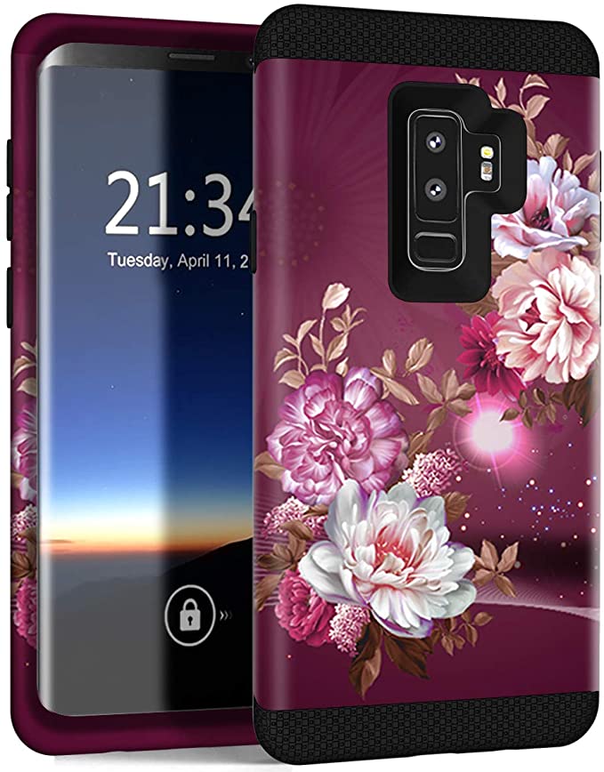 Hocase Galaxy S9 Plus Case w/Unique Floral Design, Sturdy 3-Piece Heavy Duty Shockproof Protection Hard Armor Cover Rubber Protective Case for Samsung Galaxy S9 Plus - Royal Purple/White Flowers