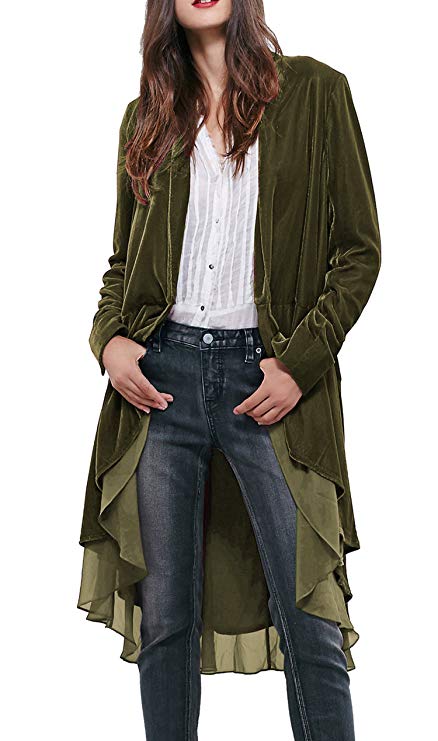 R.Vivimos Women Ruffled Asymmetric Long Velvet Blazers Coat Casual Jackets