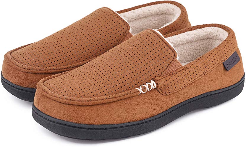 Men's Comfy Suede Memory Foam Moccasin Slippers Warm Sherpa Lining House Shoes with Anti-Skid Rubber Sole