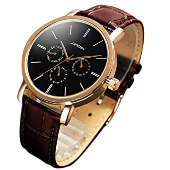 SINOBI Noble Man's Quartz Wrist Watch Leather Band Brown and Black Waterproof