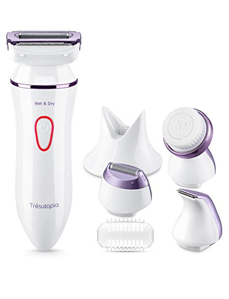 Women's 4-in-1 Electric Shaver Set Waterproof and Cordless Lady Razor Kit with Body and Bikini Trimmer and Facial Cleansing Brush Head, Rechargeable