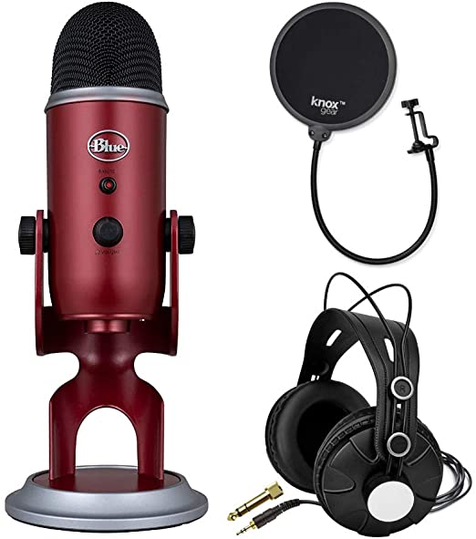 Blue Microphones Yeti Crimson Red USB Mic Bundle with Headphones and Knox Gear Pop Filter (3 Items)