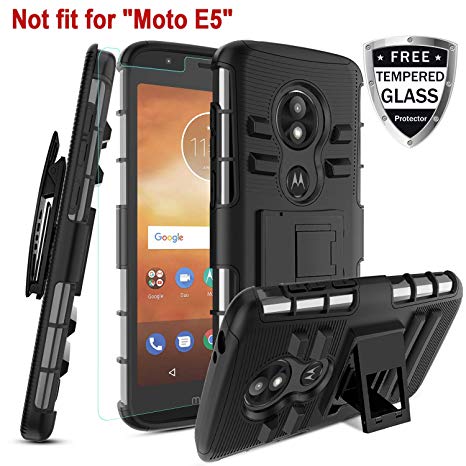 Motorola Moto E5 Play Case, Moto E5 Cruise W [Tempered Glass Screen Protector] [Built-in Kickstand] Rotatable Combo Holster Belt Clip Rugged PC Back &TPU Soft Inner Armor Protective case,Black