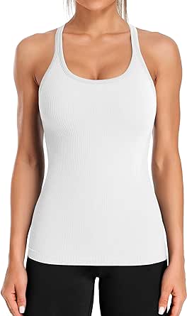 ATTRACO Ribbed Workout Tank Tops for Women with Built in Bra Tight Racerback Scoop Neck Athletic Top