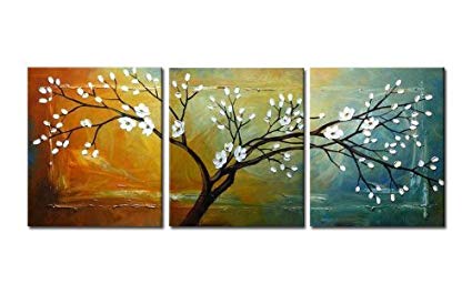 Wieco Art Floral Oil Paintings on Canvas Wall Art Ready to Hang for Bedroom Kitchen Home Decorations Full Blossom Large Modern 3 Piece Stretched and Framed 100% Hand Painted White Flowers Artwork L