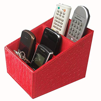 KINGFOM 3 Slot PU Leather Remote Control Holder Organizer, Home Sundries Storage Box, TV Guide/Mail/CD Organizer/Caddy/Holder with Free Cable Organizer (Red Croco)