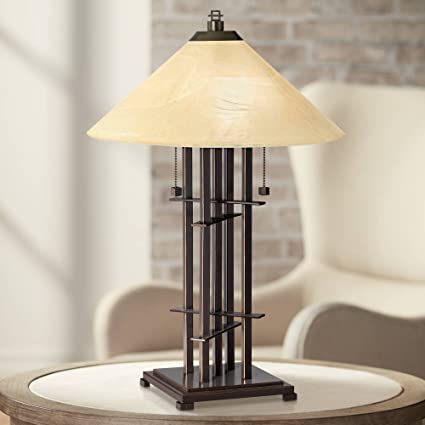 Metro Collection Planes 'n' Posts Mission Accent Table Lamp Bronze Cone Alabaster Art Glass Shade for Living Room Family Bedroom Bedside Office - Franklin Iron Works