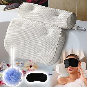 Bath Pillows for Tub - Luxury 3D Mesh Bathtub Pillow for Neck and Back Support with Eye Mask, Loofah and 6 Non-Slip Suction Cups, White