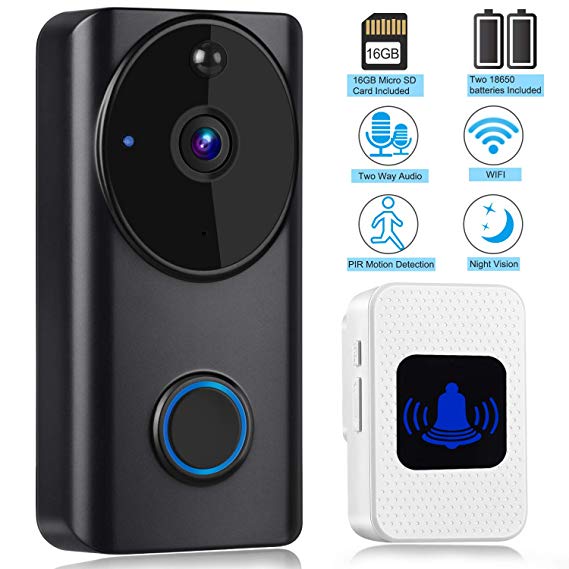 Vancle Wireless Video Doorbell with Chime, Smart Doorbell Camera Waterproof 1080P HD WiFi Security Camera with 16GB Memory, Real-Time Video and Two-Way Talk, Night Vision, PIR Motion Detection App Control for iOS and Android (Including Rechargeable Battery)