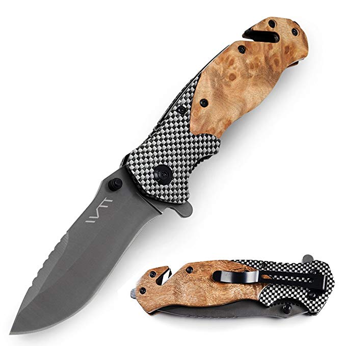 Hunting Folding Knife with Seat Belt Cutter and Slotted Screwdriver for Survival Camping Tactical, Gray Titanium Coating Blade and Wood Handle WTT